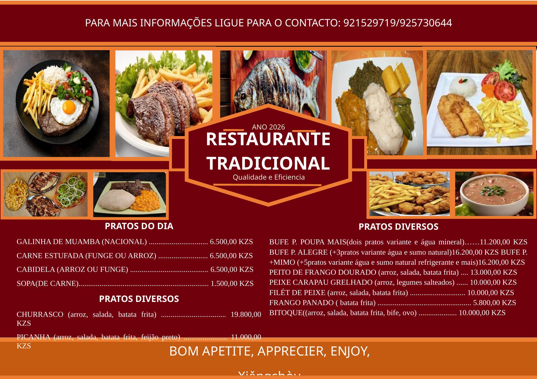 Menu do Restaurante Tradicional, ano 2026